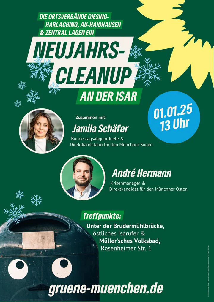 Ein Einladungsplakat im Grünen-Style zum Neujahrs-Cleanup, auf dem auch alle Infos von dieser Seite enthalten sind. Zwei Porträts von Jamila und André sind zu sehen.