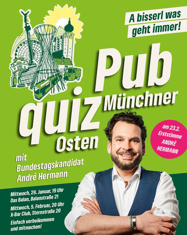 Ein Einladungsplakat im Grünen-Style zum Pubquiz. André ist breit lächelnd mit verschränkten Armen darauf zu sehen.